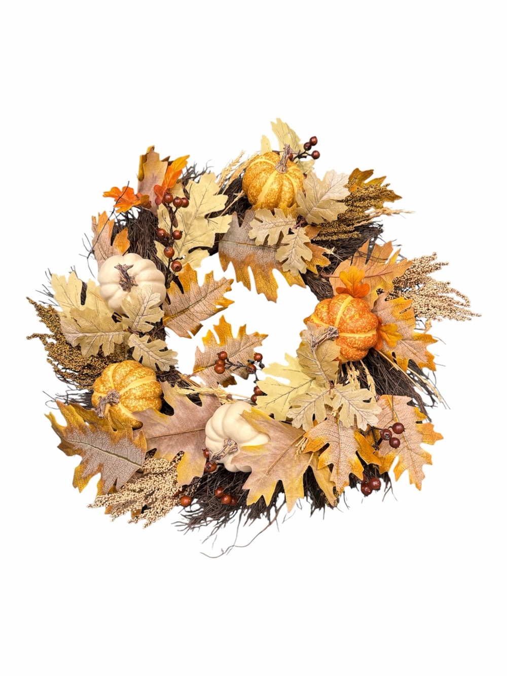 Autumn Harvest Pumpkin & Leaf Wreath - Gold and Cream NWT